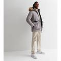 Men's Jack & Jones Pale Grey Faux Fur Trim Hooded Parka Jacket New Look