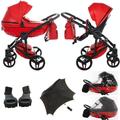 Junama Diamond S-Class V3 2in1 3in1 4in1 Baby Pram Pushchair Car Seat ISOFIX + Umbrella Exclusive Prams (2in1 with adapters, Red-Black 08)