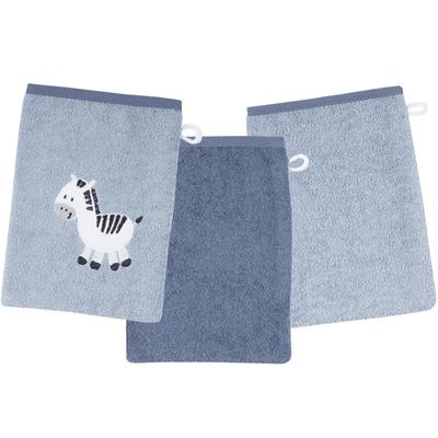 Waschhandschuh WÖRNER "Zebra blau Waschhandschuh 3er Set", blau (stahlblau, dunkelblau), B:15cm L:21cm, Obermaterial: 100% Baumwolle, Handtücher (Packung), 1x mit süßer Zebrastickerei, 2x unifarben Image