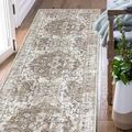 TOPICK Area Rug 60x180cm Hallway Runner Rug Foldable Thin Washable Rug Vintage Taupe Multi Floral Print Carpet Non Slip Lightweight Rug Kitchen Dining Room Living Room Bedroom