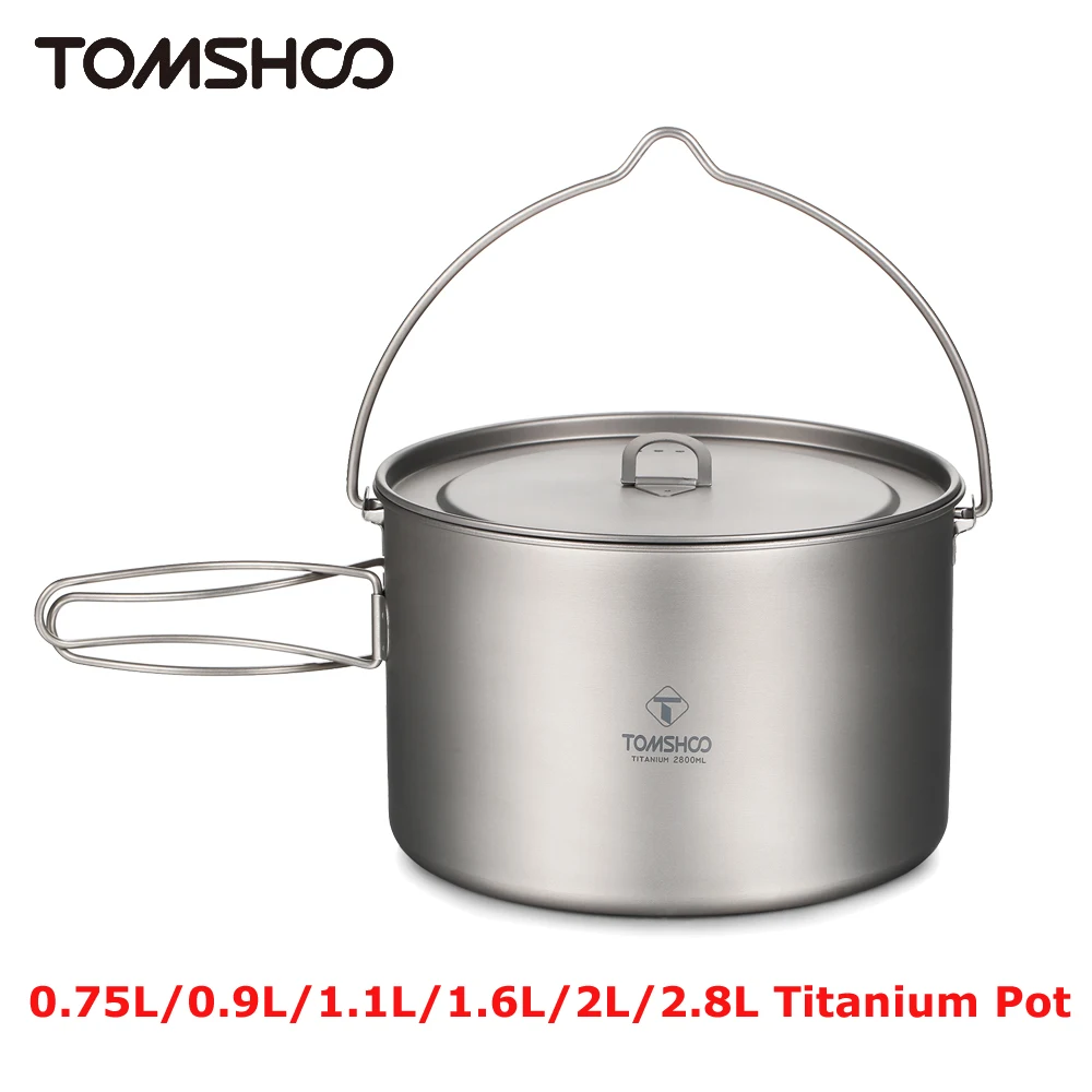TOMSHOO Camping-Kochgeschirr, Titantopf, 0,75 l/0,9 l/1,1 l/1,6 l/2 l/2,8 l, ultraleichter Hängetopf mit Deckel, faltbarer Griff, Outdoor-Kochen