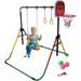 Kids Height Adjustable 4-in-1 Gymnastics Bar Set with Horizontal Kip Bar Swing Seat 2 Trapeze Rings Basketball Hoop - Folding Gymnastics Training Home Bar