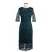 ML Monique Lhuillier Casual Dress - Midi Crew Neck 3/4 sleeves: Teal Print Dresses - Women's Size 8