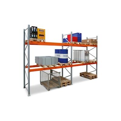 PROREGAL Palettenregal TAURUS | Grundregal | Extra-Tall | HxBxT 450x270x110cm | Fachlast 2000kg | 2 Ebenen | Silbergrau/Reinorange Image