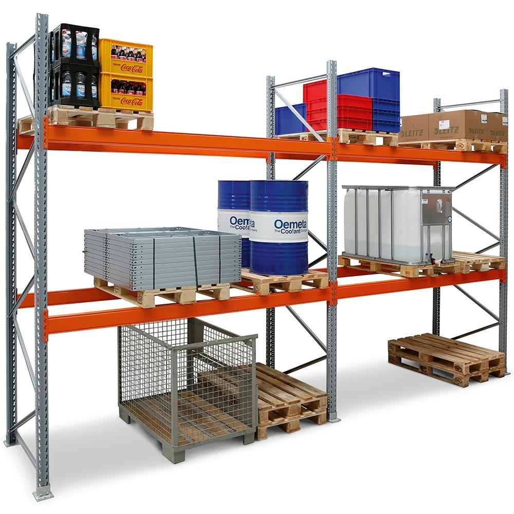 PROREGAL Palettenregal TAURUS | Grundregal | Medium-Low | HxBxT 300x270x110cm | Fachlast 3000kg | 3 Ebenen | Silbergrau/Reinorange Image