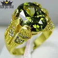 New Fashion Male Peridot Oval Finger Ring Luxury Big Crystal Zircon Stone Ring 14KT Yellow Gold