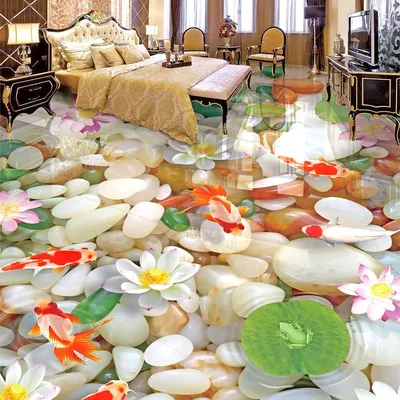 Nach 3D Boden Wandmalereien HD Kopfsteinpflaster Lotus Karpfen Boden Fliesen Malerei Schlafzimmer Image