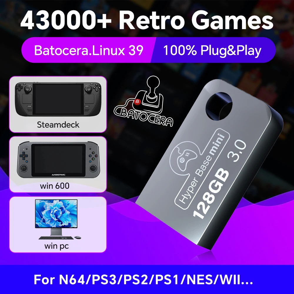 Batocera 128G USB-Flash-Laufwerk für Windows 43000, Retro-Spiele für PS3/PS2/PS1/N64/WII USB-Stick für PC/Handheld-Spielekonsole Image