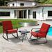 3-Piece Metal Frame Outdoor Bistro Set 2 Rocking Chairs with Red Cushions and Tempered Glass Side Table