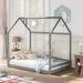 Gray Full Size House Bed Wood Four Poster Bed w/ Roof Floor Bed Frame