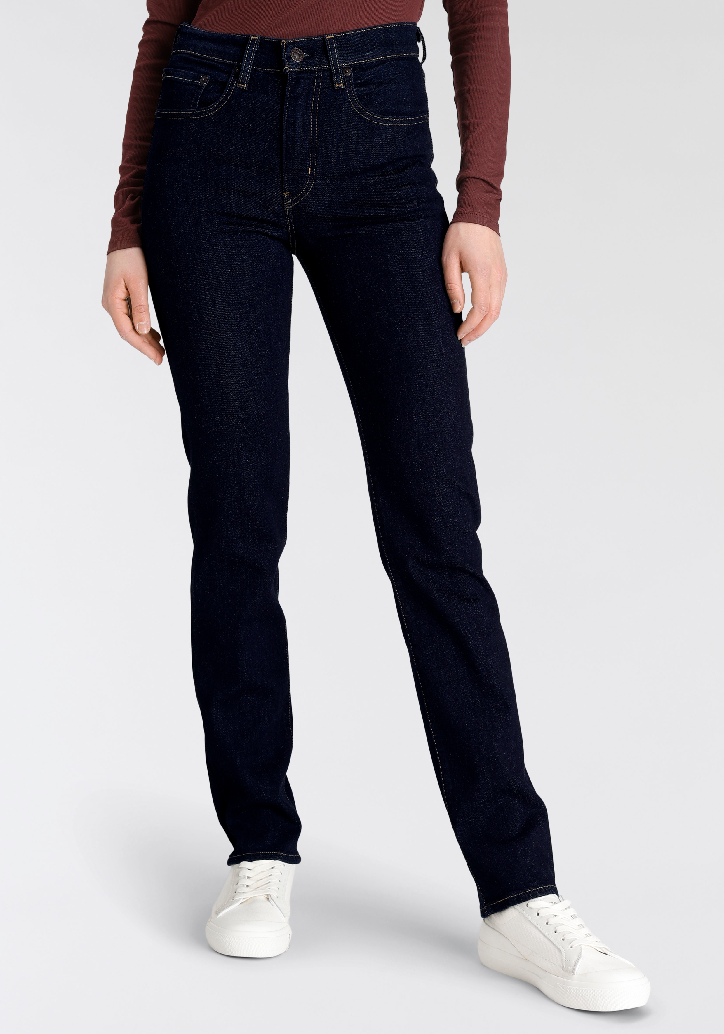 Straight-Jeans LEVI'S "724 High Rise Straight", Damen, Gr. 34, Länge 32, blau (rinsed), Jeans, Obermaterial: 85% Baumwolle, 7% Lyocell, 6% Elastomultiester, 2% Elasthan, straight fit lang, Jeans, Topseller Image