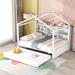 Full Size House Bed with Trundle, Wood House Bed with Storage Shelves, Montessori Bed for Kids with Roof for Girls, Boys, White