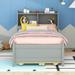 Twin Size Bed with USB Ports, LED light, Trundle and 3 Storage Drawers, Grey