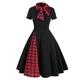 QIANKUN Red Plaid Vintage Pin Up Midi Dress Bow Tie Neck Casual Robe Women Short Sleeve Summer A Line Elegant Dresses-black dess,S