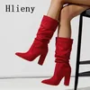 Hlieny Mode Schwarz Rot Frauen Kniehohe Stiefel Sexy Spitz Platz High Heels Damen Lange Zipper Weibliche Schuhe Größe 35-42
