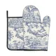 French Toile De Jouy Navy Blue Motif Heat Resistant Oven Mitts and Pot Holders Sets Oven Gloves for