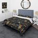 Designart "Steampunk Industrial Gold And Teal Geometric I" Grey Modern Bedding Cover Set With 2 Shams