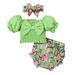 NZRVAWS Infant Baby Girl Outfit Set 18 Months Girls Square Neck Ruffle Bubble Short Sleeve Top and Floral Print Shorts Set and Headband Baby Girl Clothes 24 Months