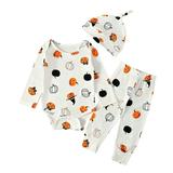 Tosmy Toddler Kids Outfit Pumpkin Print Long Sleeve Romper Pants Hat 3 Piece Set Outfits Kids Outfits