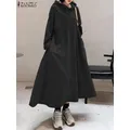 Autunno felpa vestito ZANZEA donna inverno felpe con cappuccio manica lunga a-line Maxi prendisole