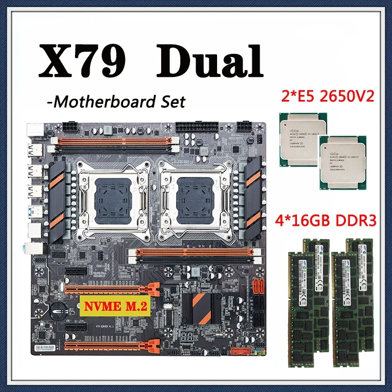 X79 Motherboard Set Dual-CPU mit 2 * e5 1600 v2 Prozessor lga 3,0 4*16GB = 64GB 3,0 MHz DDR3-RAM-Unterstützung USB 3,0 Sata 3.0 PCI-E Image