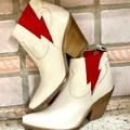 Free People Shoes | Free People Flash Western Chelsea Boot Leather Bone Red Bolt Detail | Color: Cream/Red | Size: 37/7