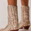 Free People Shoes | Free People Momo Luna Sequin Boots Ivory Gold Silver Cowboy Back Zipper | Color: Gold/Silver | Size: 39/9