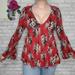 Free People Tops | Free People Red Floral Boho Stretchy Empire Waist V-Neck Long Sleeve Top | Color: Black/Red | Size: Xs