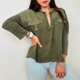 Free People Tops | Free People Olive Green Split Neck Top Blouse | Color: Green | Size: M