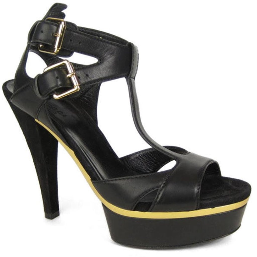 Gucci Shoes | Gucci Iman Black Leather Gold Detail Suede Platform T-Strap Sandals Heels 37.5 | Color: Black | Size: 37.5
