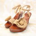 Coach Shoes | Coach Womens Ashlyn Flower Suede Wedge Sandals Heels Size 8.5m Camel Ankle Strap | Color: Brown | Size: 8.5