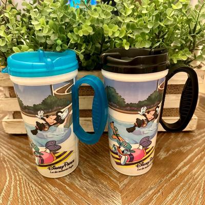 Disney Kitchen | 2 Vintage Disney Parks Souvenir Plastic Travel Mug Cup Insulated 16 Oz Blue & Bl | Color: Black/Blue | Size: Os