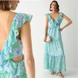 J. Crew Dresses | J. Crew Collection Ruffle-Trim V-Neck Cutout Maxi Dress In Lime Floral Size 12 | Color: Blue/Green | Size: 12