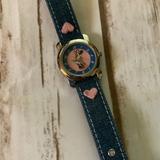 Disney Accessories | Disney Minnie Mouse Heart Watch , Denim Band With Embroidered Pink Hearts | Color: Blue/Pink | Size: Os