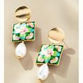 Anthropologie Jewelry | Anthropologie Square Floral Pearl Drop Earrings Green Gold Nwt | Color: Gold/Green | Size: Os