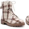 Jessica Simpson Shoes | Jessica Simpson Combat Boot Cap-Toe White & Brown Plaid Print Size 8 | Color: Brown/White | Size: 8