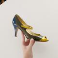 J. Crew Shoes | J. Crew Penelope Vintage Patent Leather Peep Toe Mary Jane Heels In Charcoal | Color: Gray/Yellow | Size: 7