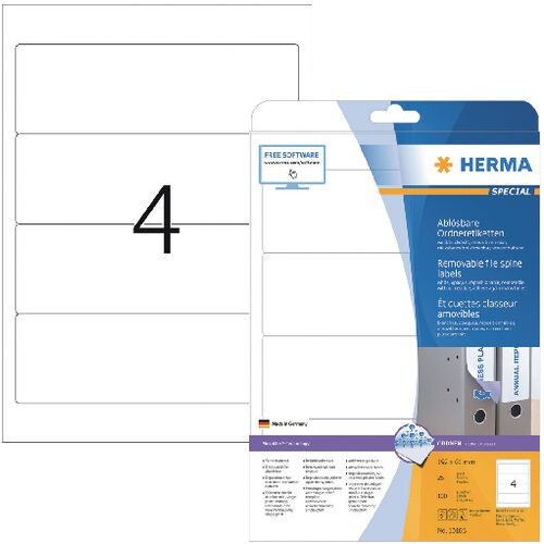HERMA 10165 Ordneretiketten Wiederablösbar DIN A4 61 x 192 mm Weiß 25 Blatt à 4 Etiketten Image