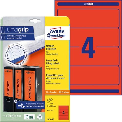 AVERY Zweckform UltraGrip Rückenschilder L4766-20 Haftend DIN A4 Rot 61 x 192 mm 20 Blatt à 4 Etiketten Image