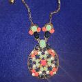 Kate Spade Jewelry | Kate Spade Gold Navy Coral Jeweled Tile Stone Cluster Open Pendant Necklace | Color: Gold | Size: Os