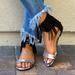 Urban Outfitters Shoes | Corset Lace Fringe Colorblock Snake Print Sandals | Color: Black | Size: 6.5