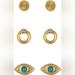 Madewell Jewelry | Madewell Evil Eye Stud Earrings - Set Of 3, Goldtone, Nwt | Color: Blue/Gold | Size: Os
