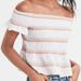 American Eagle Outfitters Tops | American Eagle Smocked Off Shoulder Rainbow Striped Linen Blend Cropped Shirt Lg | Color: Blue/Cream | Size: Lj