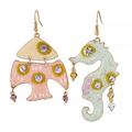 Anthropologie Jewelry | Asymmetrical Gold Plated Pastel Enamel Ocean Crystal Seahorse Fish Drop | Color: Green/Pink | Size: Large