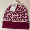 Michael Kors Accessories | Michael Kors Deep Fuchsia Cream Signature Logo Beanie Hat, Nwt | Color: Cream/Pink | Size: Os