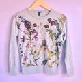 J. Crew Tops | J. Crew Floral Botanical Embellished Light Heather Gray Crewneck Sweatshirt Xxs | Color: Gray/Green | Size: Xxs