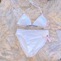 Victoria's Secret Swim | 2 Pc Set Vs Swim White Shine Strap Triangle Bikini Top Swimsuit Large | Color: Silver/White | Size: L