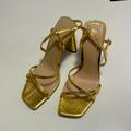 Zara Shoes | Gold Metallic Leather Thin Straps , Square Toe. Buckle Ankle. | Color: Gold | Size: 9.5