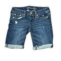 American Eagle Outfitters Shorts | American Eagle Stretch Denim Bermuda Short Distressed Roll Cuff Hem Women Size 0 | Color: Blue | Size: 0