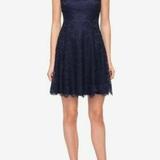 Jessica Simpson Dresses | Jessica Simpson Navy Fit And Flare Lace Dress With Back Cutout | Color: Blue | Size: 4